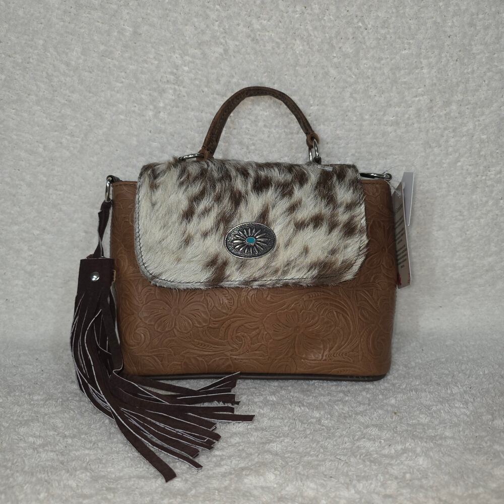Brown Tooled Leather & Genuine Cowhide Western Handbag With Turquoise Concho